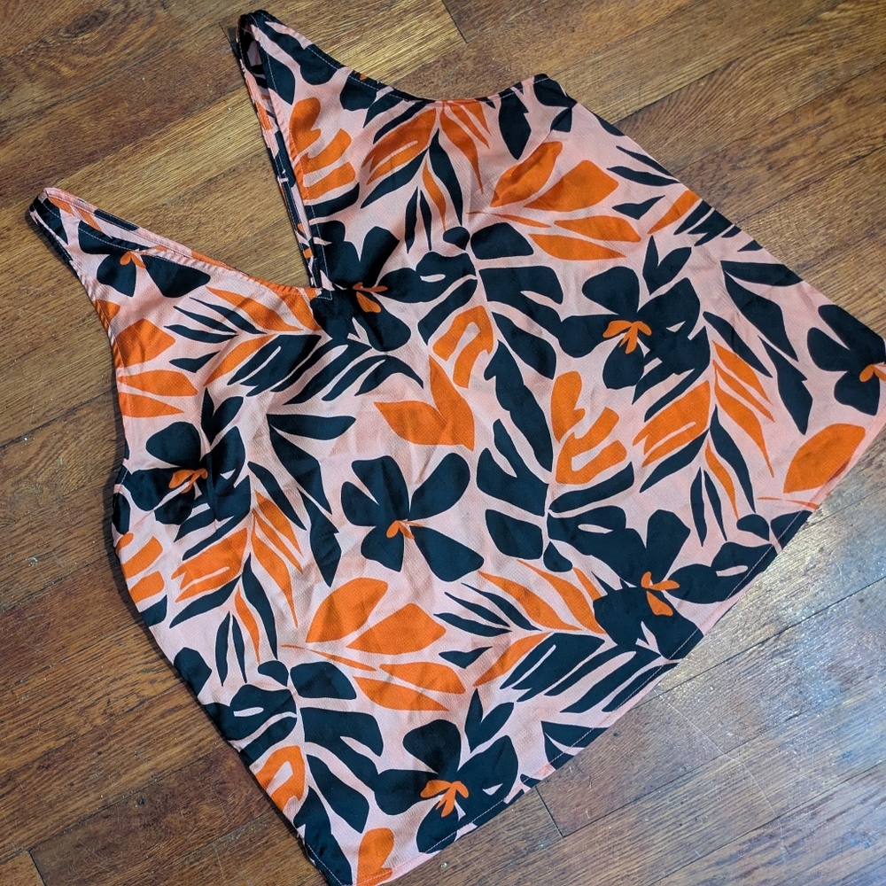 Old Navy Pink Camisole with Orange and Black Leaf Print